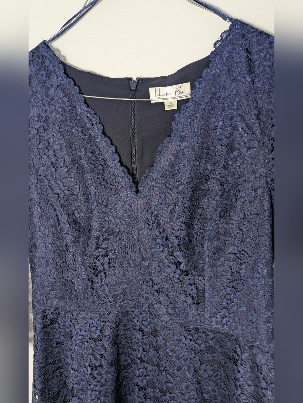 Harper Rose Navy Blue V-neck Lace Party Dress Half Sleeve Knee Length Sz 14 euc - Picture 3 of 11
